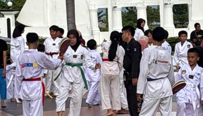 Ratusan Atlet MF Taekwondo Gelar Latihan Bersama di Pelataran Kantor Gubernur Sulbar