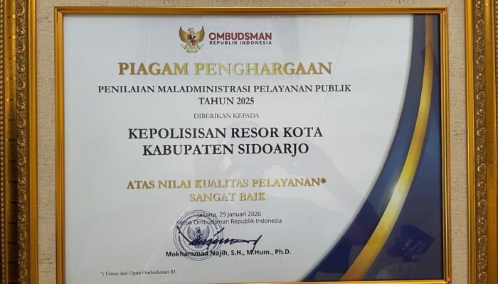Polresta Sidoarjo Raih Predikat Pelayanan Sangat Baik dari Ombudsman RI
