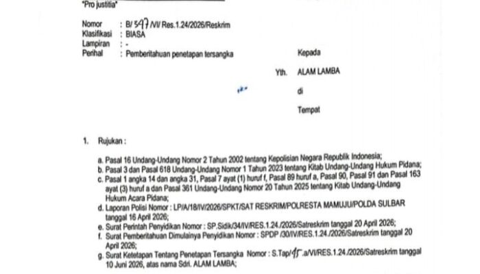 Surat Penetapan Tersangka Beredar, Polresta Mamuju Tegaskan Anggota DPRD Torut AL Masih Saksi