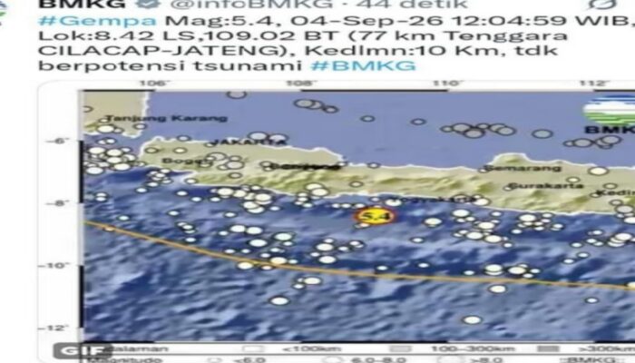 Gempa Magnitudo 5,4 Guncang Cilacap, Getaran Terasa hingga Banyumas